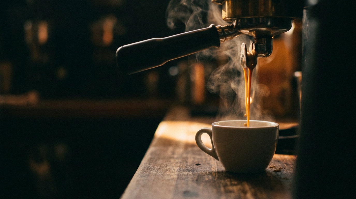 Espresso pouring into a cup at Java Joes